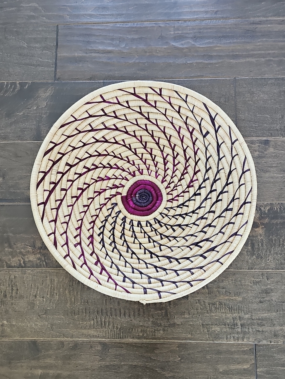 Rwanda/Uganda Grass-Woven Spiral Wall Basket in Natural, Purple and Black 15"